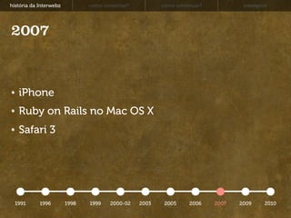 história da Interwebz          como consertar?          como continuar?           exemplos




2007


   iPhone
   Ruby on Rails no Mac OS X
   Safari 3




  1991      1996        1998   1999    2000-02   2003    2005     2006    2007   2009    2010
 