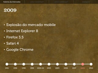 história da Interwebz          como consertar?          como continuar?           exemplos




2009

   Explosão do mercado mobile
   Internet Explorer 8
   Firefox 3.5
   Safari 4
   Google Chrome



  1991      1996        1998   1999    2000-02   2003    2005     2006    2007   2009    2010
 