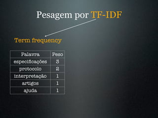 Pesagem por TF-IDF

Term frequency         *

   Palavra      Peso
especiﬁcações    3
  protocolo      2
interpretação    ...