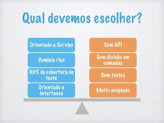 Qual devemos escolher?
Orientado a
interfaces
90% de cobertura de
teste
Domínio rico
Orientado a Serviço
Muito acoplado
Sem testes
Sem divisão em
camadas
Sem API
 