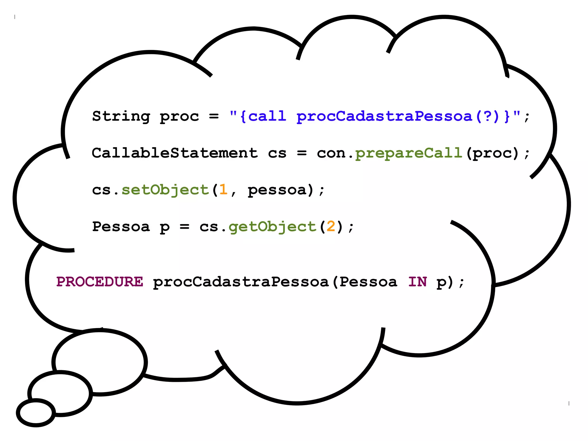 String proc = "{call procCadastraPessoa(?)}";

   CallableStatement cs = con.prepareCall(proc);

   cs.setObject(1, pessoa);

   Pessoa p = cs.getObject(2);


PROCEDURE procCadastraPessoa(Pessoa IN p);
 