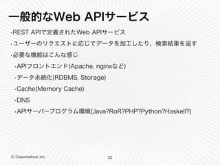 一般的なWeb APIサービス 
•REST APIで定義されたWeb APIサービス 
•ユーザーのリクエストに応じてデータを加工したり、検索結果を返す 
•必要な機能はこんな感じ 
•APIフロントエンド(Apache, nginxなど) 
•データ永続化(RDBMS, Storage) 
•Cache(Memory Cache) 
•DNS 
•APIサーバープログラム環境(Java?RoR?PHP?Python?Haskell?) 
Ⓒ Classmethod, Inc. 
32 
 