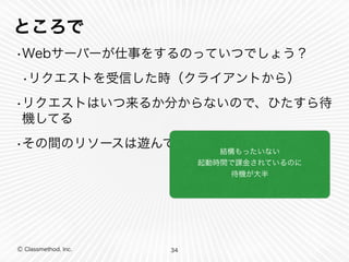 ところで 
•Webサーバーが仕事をするのっていつでしょう？ 
•リクエストを受信した時（クライアントから） 
•リクエストはいつ来るか分からないので、ひたすら待 
機してる 
•その間のリソースは遊んでる状態 
Ⓒ Classmethod, Inc. 
34 
結構もったいない 
起動時間で課金されているのに 
待機が大半 
 