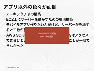 アプリ以外の色々が面倒 
• アーキテクチャの構築 
• EC2上にサーバーを動かすための環境構築 
• モバイルアプリ作りたいんだけど、サーバーが登場す 
ると工数が膨らむ・・・ 
• AWS SDKを使えば、AWSの主要な機能はアクセス 
できるけど、サーバーサイドを拡張することが一切で 
きなかった 
Ⓒ Classmethod, Inc. 
サーバーサイド開発 
がっつり必要に 
7 
 