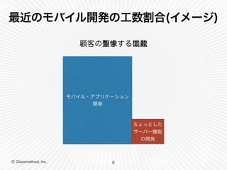 最近のモバイル開発の工数割合(イメージ) 
Ⓒ Classmethod, Inc. 
顧客の想要像求する工機数能 
モバイル・アプリケーション 
8 
開発 
ちょっとした 
サーバー機能 
の開発 
 