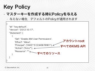 Ⓒ Classmethod, Inc.
Key Policy
• マスターキーを作成する時にPolicyを与える
• 与えない場合，デフォルトのPolicyが適用されます
31
{
"Id": "key-default",
"Version": "2012-10-17",
"Statement": [
{
"Sid": "Enable IAM User Permissions",
"Eﬀect": "Allow",
"Principal": {"AWS":"012345678901"},
"Action": ["kms:*"],
"Resource": "*"
}
]
}
すべてのKMS API
アカウントroot
すべてのリソース
 