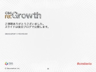 Ⓒ Classmethod, Inc.
#cmdevio
ご清聴ありがとうございました。
スライドは後日ブログで公開します。
36
DEVIO-MTUP11-TOKYO-001
 