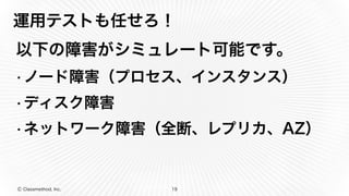 Ⓒ Classmethod, Inc.
運用テストも任せろ！
以下の障害がシミュレート可能です。
•ノード障害（プロセス、インスタンス）
•ディスク障害
•ネットワーク障害（全断、レプリカ、AZ）
19
 