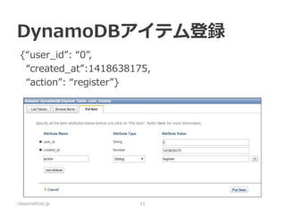 DynamoDB Streamレコード 
{ 
"Records": [ 
{ 
"awsRegion": "us-east-1", 
"dynamodb": { 
"Keys": 
{ 
"user_id" : { "S": "0" }, 
"created_at" : { "N": "1418638175" } 
}, 
"NewImage": 
{ 
"user_id" : { "S": "0" }, 
"created_at" : { "N": "1418638175" }, 
"action" : { "S": "register" } 
}, 
"SequenceNumber": "3758000000000000010265650", 
"SizeBytes": 62, 
"StreamViewType": "NEW_AND_OLD_IMAGES" 
}, 
"eventID": ” cae695c863e891e573b710d101d4a72a", 
"eventName": "INSERT", 
"eventSource": "aws:dynamodb", 
"eventVersion": "1.0" 
} 
] 
} 
classmethod.jp 
11 
DynamoDB更新情報 
イベント情報  