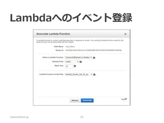 Norikra 
•イベントストリームプロセッサ 
•SQLライクな言語でイベントの集計方法 を記述できる 
–例：直近１時間に新規登録したユーザ数 
http://norikra.github.io/index.html 
classmethod.jp 
24 
SELECT COUNT(*) AS new_users 
FROM user_history.win:time_batch(1 hour) 
WHERE action = ‘register’  