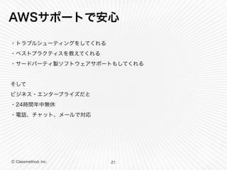 Ⓒ Classmethod, Inc.
AWSサポートで安心
・トラブルシューティングをしてくれる
・ベストプラクティスを教えてくれる
・サードパーティ製ソフトウェアサポートもしてくれる
そして
ビジネス・エンタープライズだと
・24時間年中無休
・電話、チャット、メールで対応
21
 