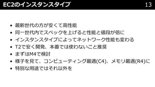 EC2のインスタンスタイプ 13
• 最新世代の⽅が安くて⾼性能
• 同⼀世代内でスペックを上げると性能と値段が倍に
• インスタンスタイプによってネットワーク性能も変わる
• T2で安く開発、本番では使わないこと推奨
• まずはM4で検討
• 様⼦を⾒て、コンピューティング最適(C4)、メモリ最適(R4)に
• 特別な⽤途ではそれ以外を
 