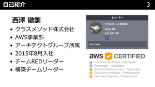 ⾃⼰紹介 3
⻄澤 徹訓
• クラスメソッド株式会社
• AWS事業部
• アーキテクトグループ所属
• 2015年8⽉⼊社
• チームREDリーダー
• 構築チームリーダー
 
