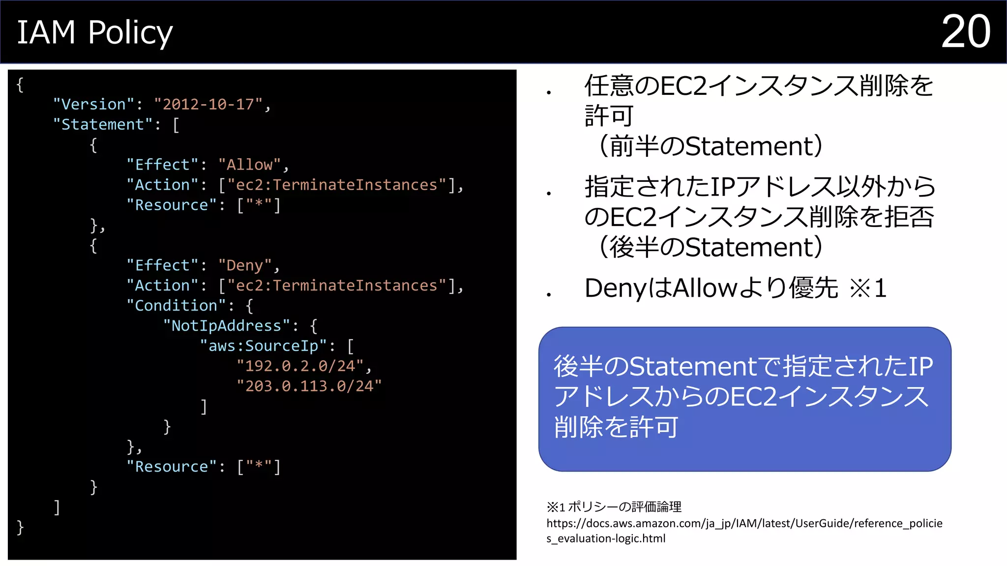 IAM Policy
{
"Version": "2012-10-17",
"Statement": [
{
"Effect": "Allow",
"Action": ["ec2:TerminateInstances"],
"Resource": ["*"]
},
{
"Effect": "Deny",
"Action": ["ec2:TerminateInstances"],
"Condition": {
"NotIpAddress": {
"aws:SourceIp": [
"192.0.2.0/24",
"203.0.113.0/24"
]
}
},
"Resource": ["*"]
}
]
}
⚫ 任意のEC2インスタンス削除を
許可
（前半のStatement）
⚫ 指定されたIPアドレス以外から
のEC2インスタンス削除を拒否
（後半のStatement）
⚫ DenyはAllowより優先 ※1
後半のStatementで指定されたIP
アドレスからのEC2インスタンス
削除を許可
※1 ポリシーの評価論理
https://docs.aws.amazon.com/ja_jp/IAM/latest/UserGuide/reference_policie
s_evaluation-logic.html
20
 
