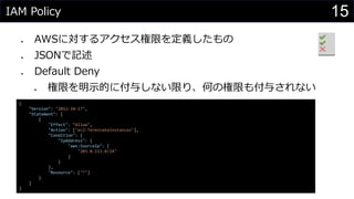 IAM Policy
⚫ AWSに対するアクセス権限を定義したもの
⚫ JSONで記述
⚫ Default Deny
⚫ 権限を明示的に付与しない限り、何の権限も付与されない
15
{
"Version": "2012-10-17",
"Statement": [
{
"Effect": “Allow",
"Action": ["ec2:TerminateInstances"],
"Condition": {
"IpAddress": {
"aws:SourceIp": [
"203.0.113.0/24"
]
}
},
"Resource": ["*"]
}
]
}
 