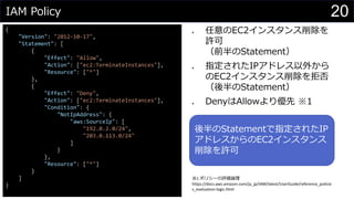 IAM Policy
{
"Version": "2012-10-17",
"Statement": [
{
"Effect": "Allow",
"Action": ["ec2:TerminateInstances"],
"Resource": ["*"]
},
{
"Effect": "Deny",
"Action": ["ec2:TerminateInstances"],
"Condition": {
"NotIpAddress": {
"aws:SourceIp": [
"192.0.2.0/24",
"203.0.113.0/24"
]
}
},
"Resource": ["*"]
}
]
}
⚫ 任意のEC2インスタンス削除を
許可
（前半のStatement）
⚫ 指定されたIPアドレス以外から
のEC2インスタンス削除を拒否
（後半のStatement）
⚫ DenyはAllowより優先 ※1
後半のStatementで指定されたIP
アドレスからのEC2インスタンス
削除を許可
※1 ポリシーの評価論理
https://docs.aws.amazon.com/ja_jp/IAM/latest/UserGuide/reference_policie
s_evaluation-logic.html
20
 