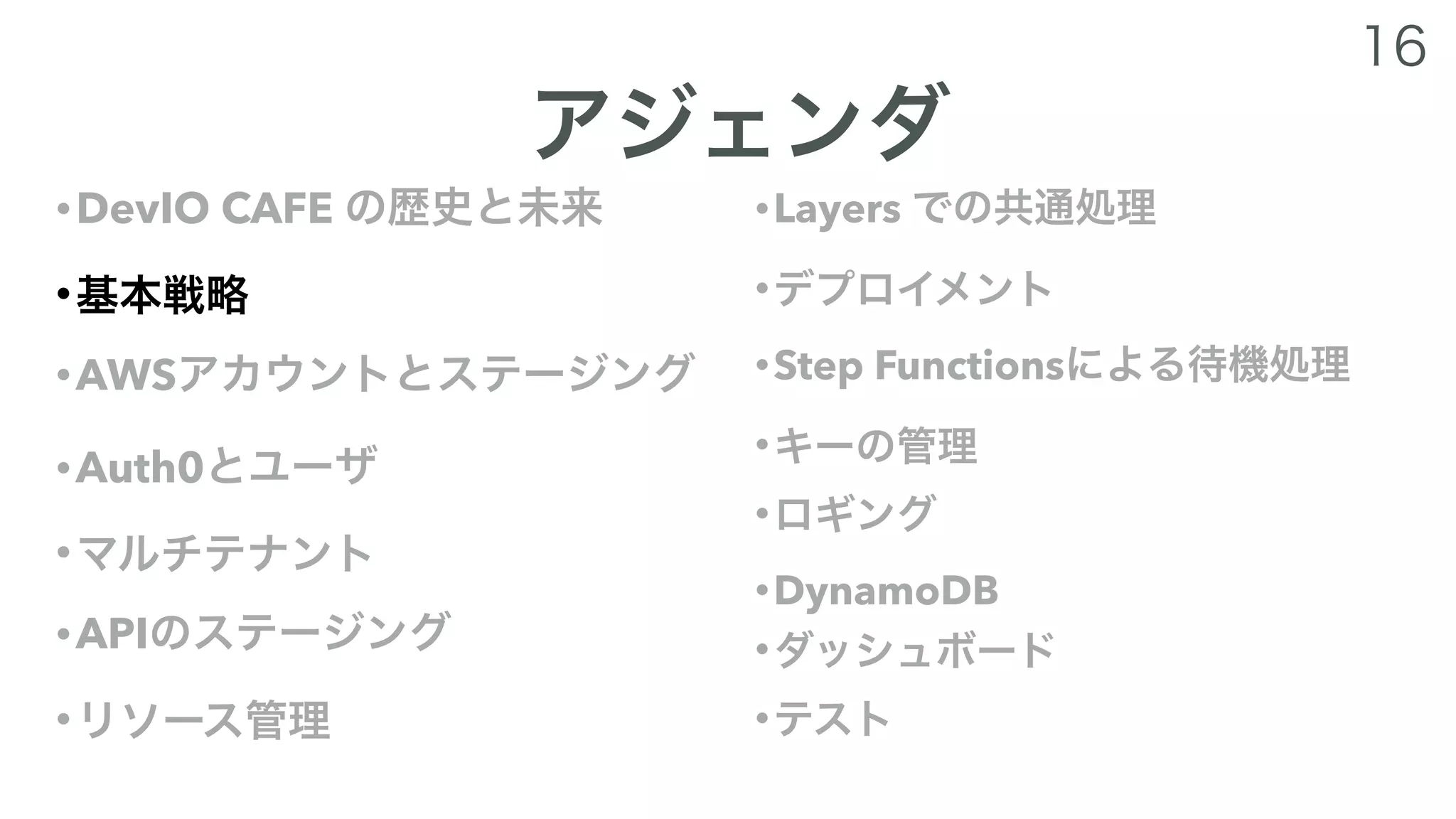 •DevIO CAFE
•
•AWS
•Auth0
•
•API
•
•Layers
•
•Step Functions
•
•
•DynamoDB
•
•
 