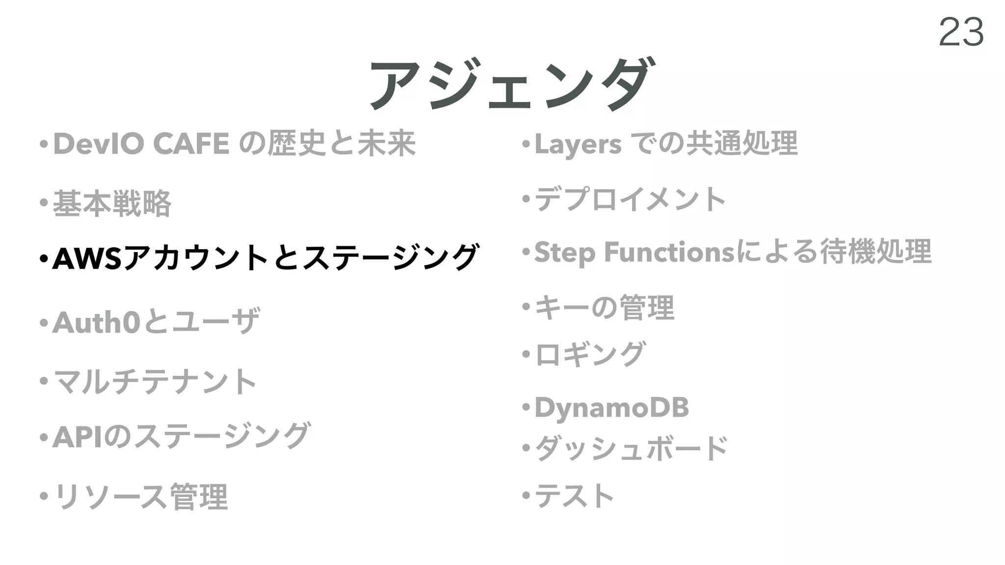 •DevIO CAFE
•
•AWS
•Auth0
•
•API
•
•Layers
•
•Step Functions
•
•
•DynamoDB
•
•
 