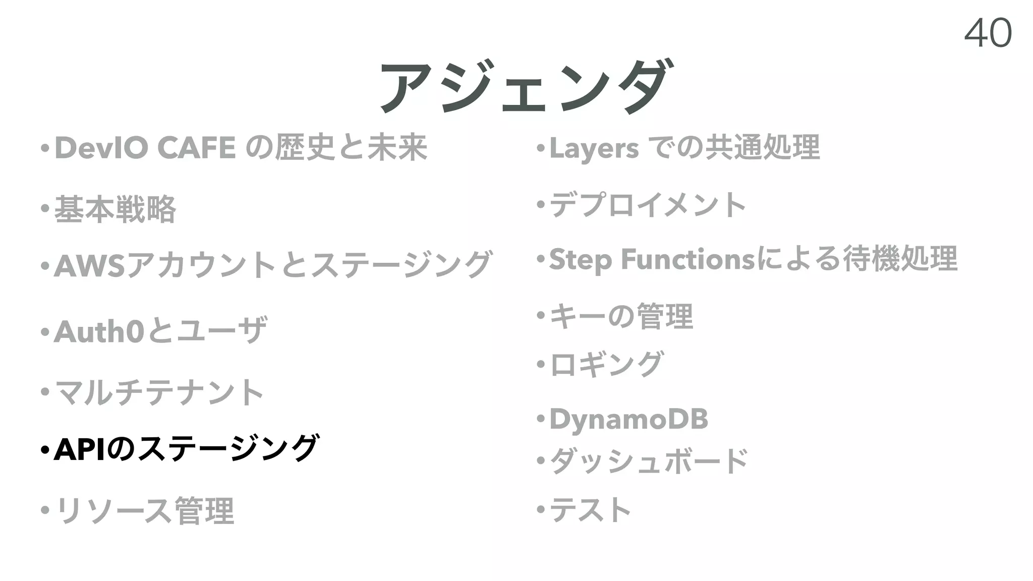 •DevIO CAFE
•
•AWS
•Auth0
•
•API
•
•Layers
•
•Step Functions
•
•
•DynamoDB
•
•
 