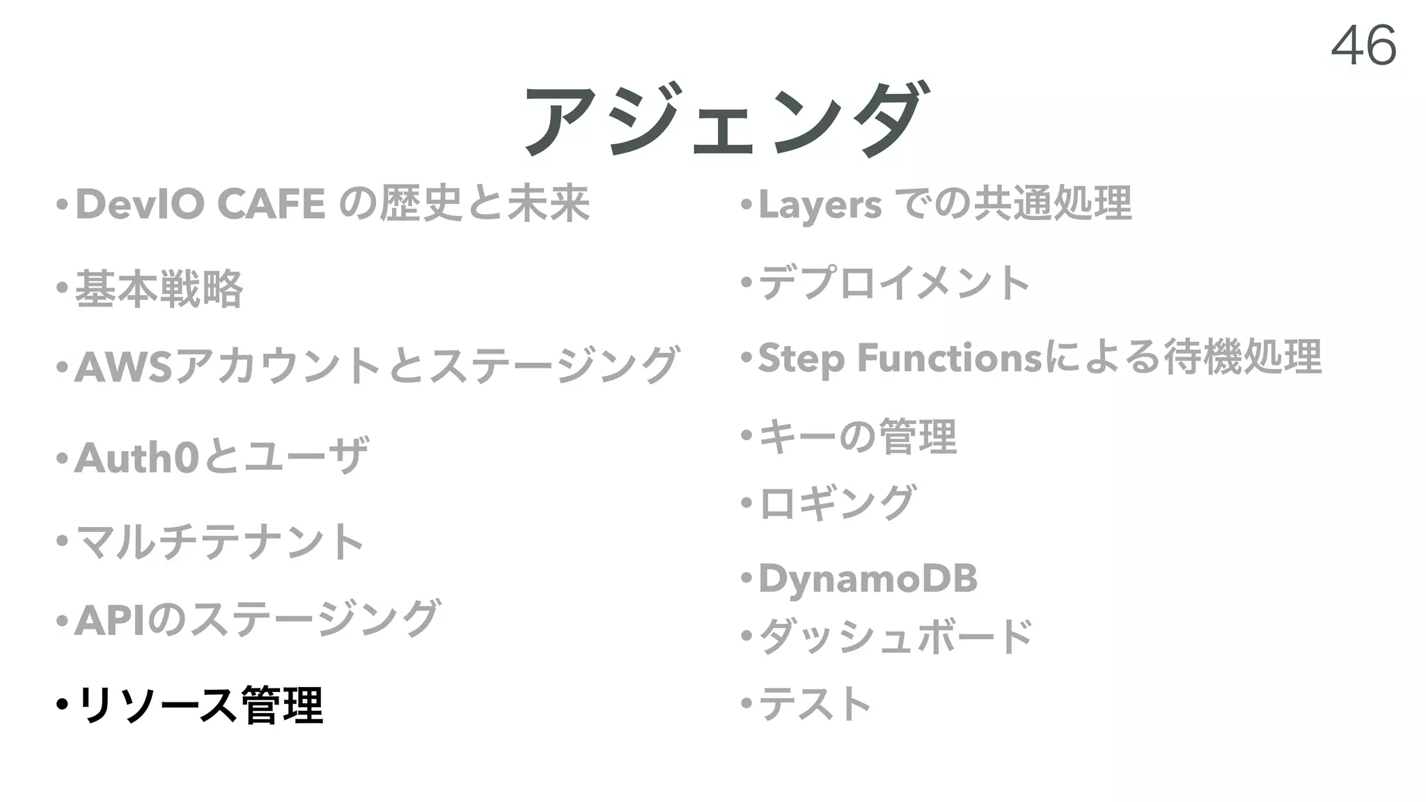 •DevIO CAFE
•
•AWS
•Auth0
•
•API
•
•Layers
•
•Step Functions
•
•
•DynamoDB
•
•
 