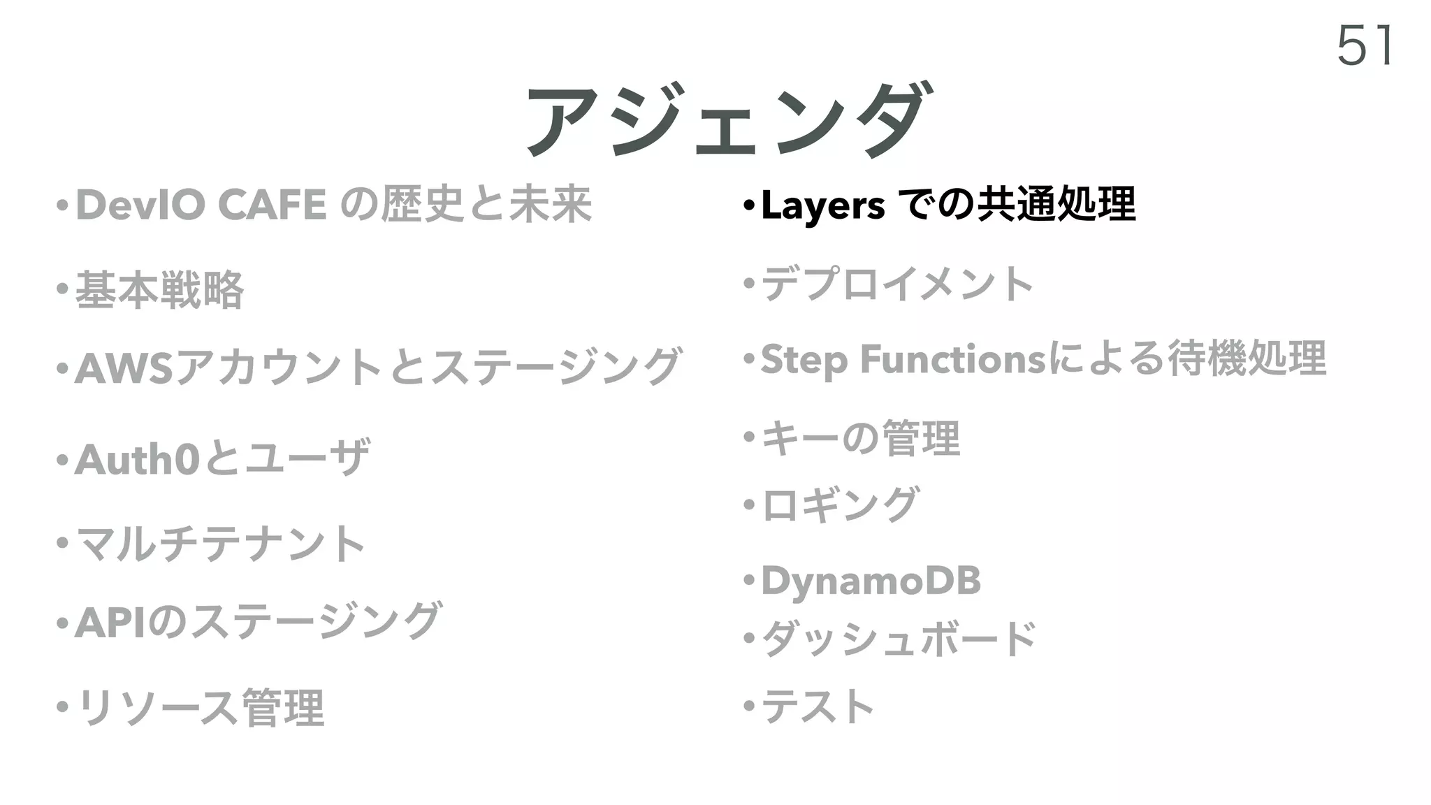 •DevIO CAFE
•
•AWS
•Auth0
•
•API
•
•Layers
•
•Step Functions
•
•
•DynamoDB
•
•
 