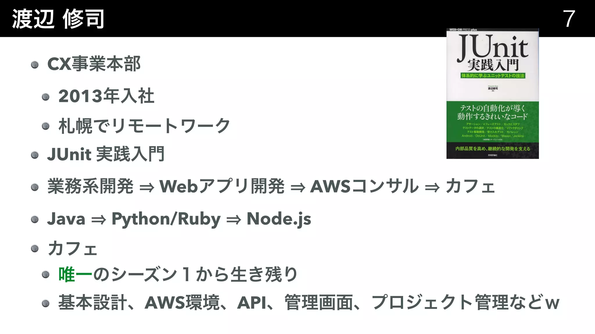 CX
2013
JUnit
Web AWS
Java Python/Ruby Node.js
AWS API
 