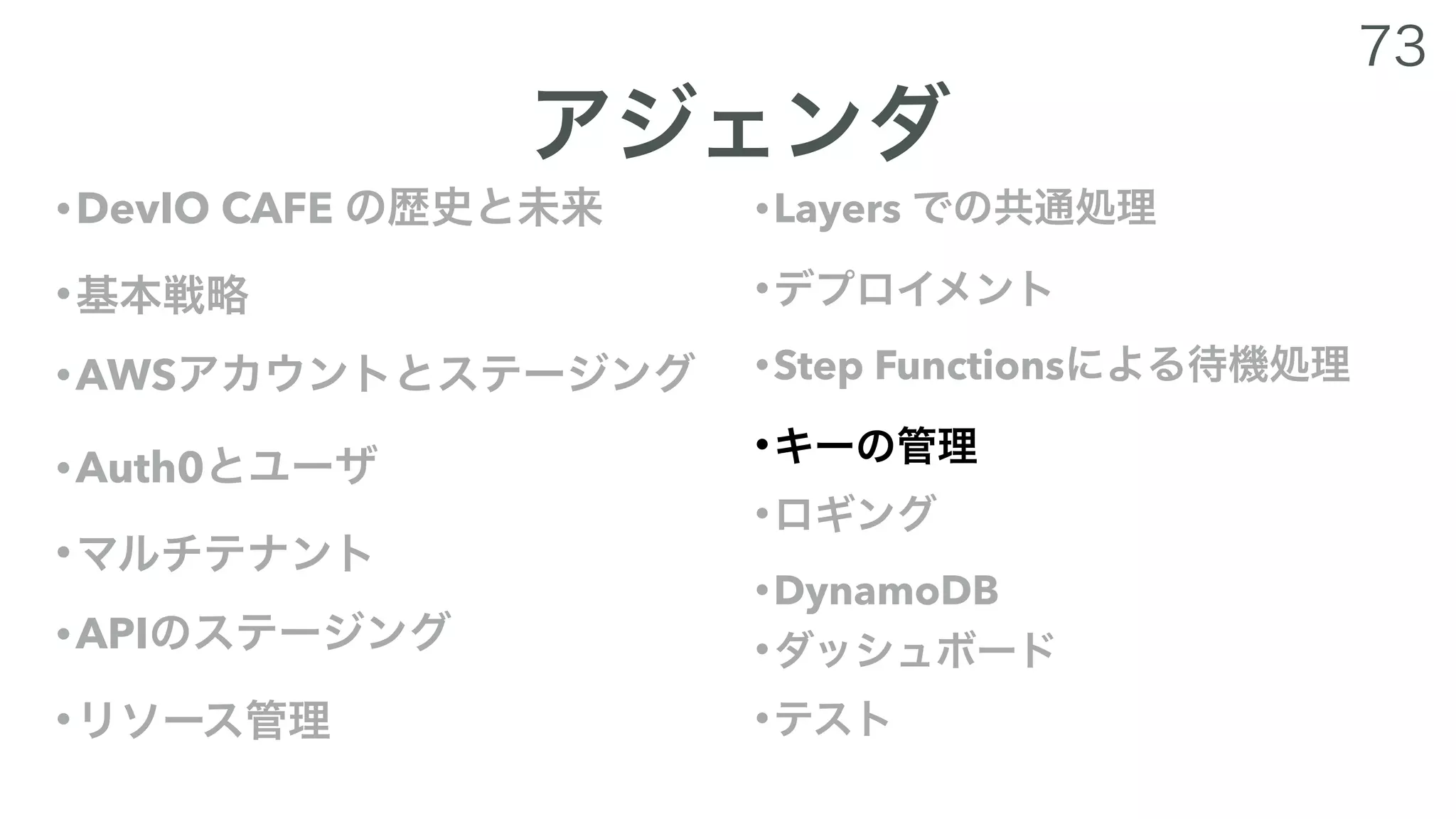 •DevIO CAFE
•
•AWS
•Auth0
•
•API
•
•Layers
•
•Step Functions
•
•
•DynamoDB
•
•
 