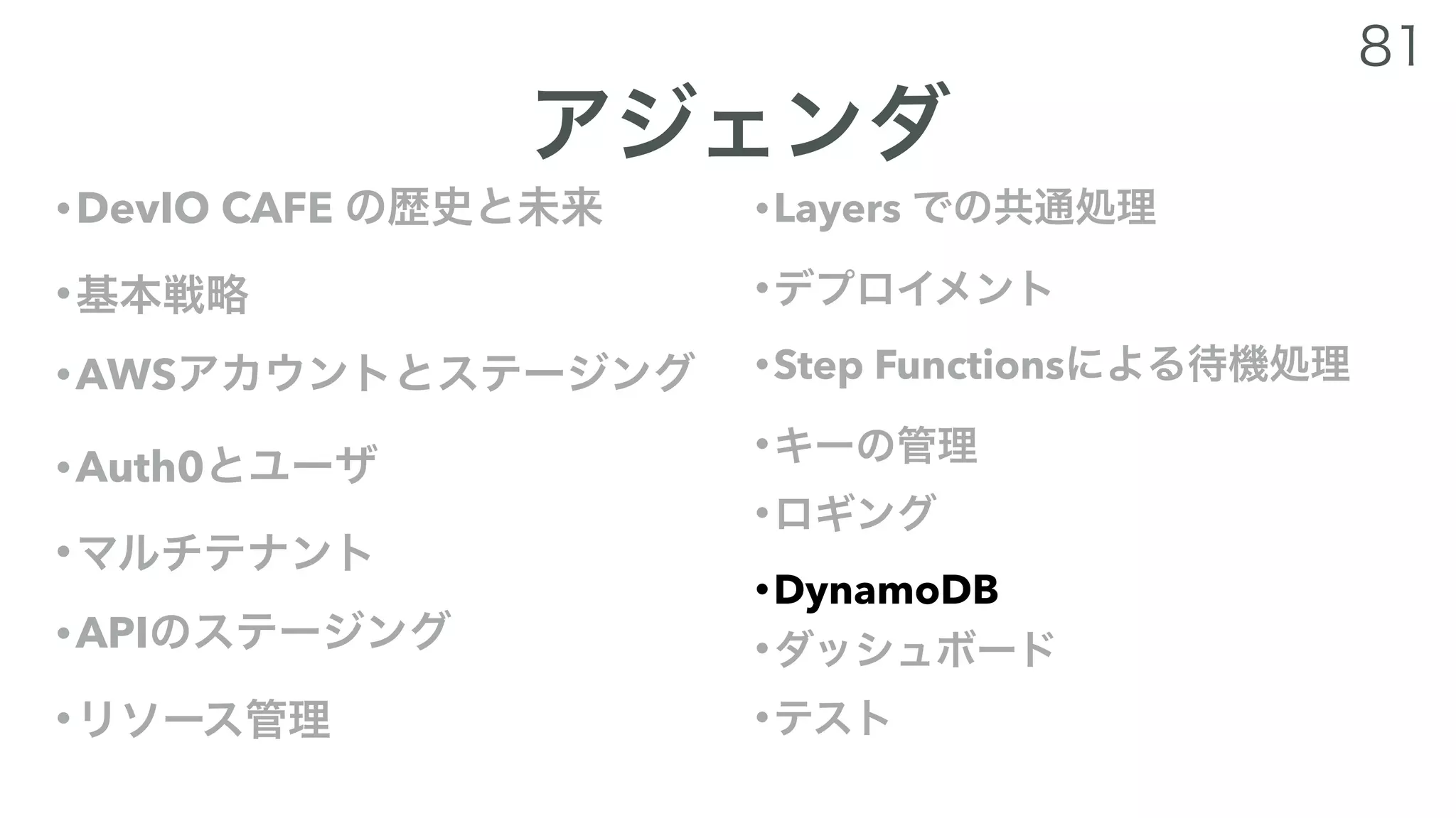 •DevIO CAFE
•
•AWS
•Auth0
•
•API
•
•Layers
•
•Step Functions
•
•
•DynamoDB
•
•
 