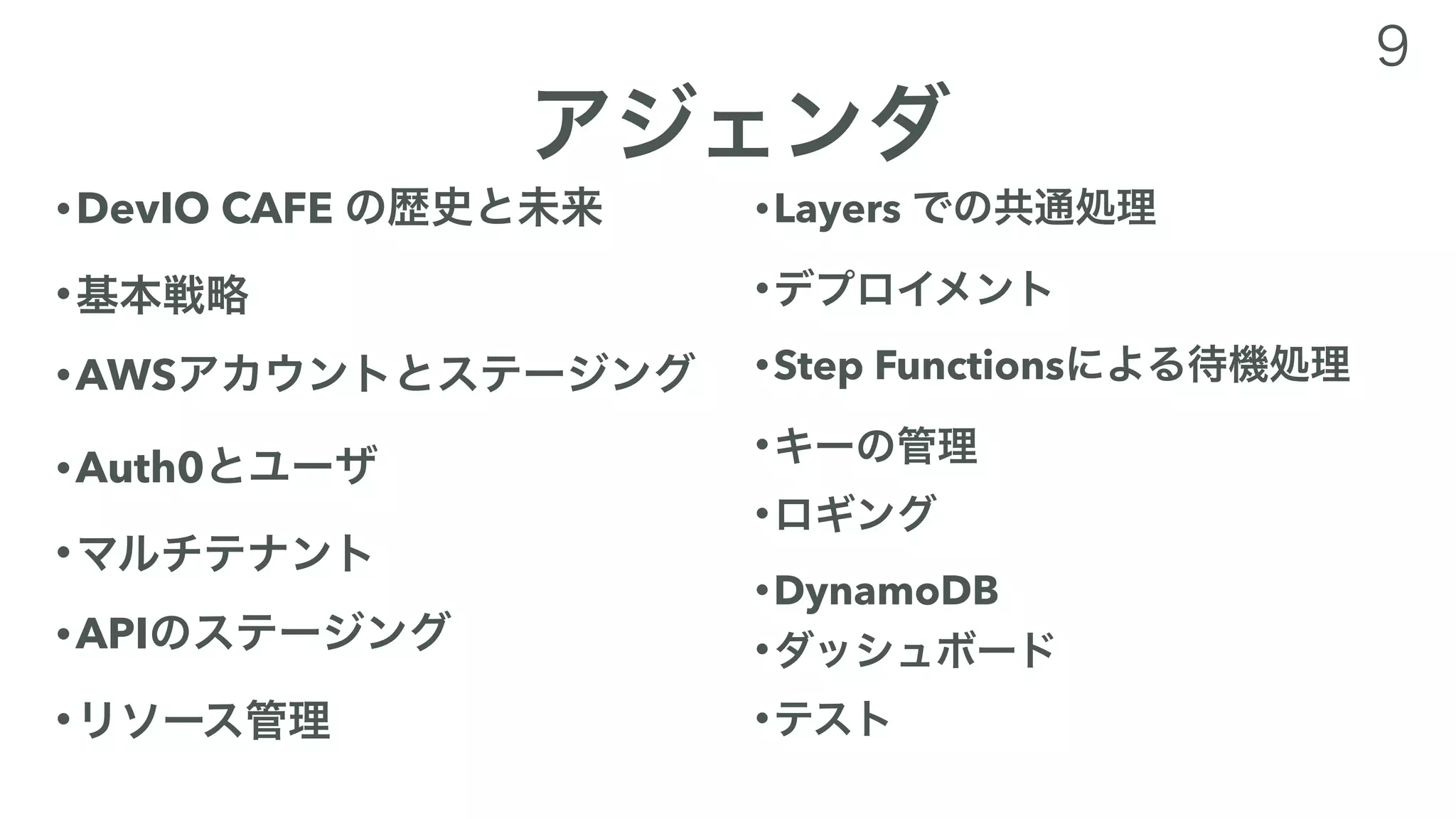 •DevIO CAFE
•
•AWS
•Auth0
•
•API
•
•Layers
•
•Step Functions
•
•
•DynamoDB
•
•
 