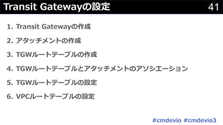 41Transit Gatewayの設定
1. Transit Gatewayの作成
2. アタッチメントの作成
3. TGWルートテーブルの作成
4. TGWルートテーブルとアタッチメントのアソシエーション
5. TGWルートテーブルの設定
6. VPCルートテーブルの設定
#cmdevio #cmdevio3
 