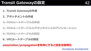 42Transit Gatewayの設定
1. Transit Gatewayの作成
2. アタッチメントの作成
3. TGWルートテーブルの作成
4. TGWルートテーブルとアタッチメントのアソシエーション
5. TGWルートテーブルの設定
6. VPCルートテーブルの設定
association/propagationを有効にすると設定を簡略化
#cmdevio #cmdevio3
 
