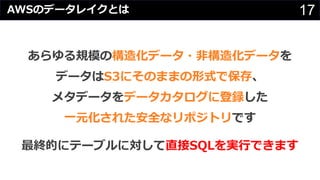 17AWSのデータレイクとは
あらゆる規模の構造化データ・⾮構造化データを
データはS3にそのままの形式で保存、
メタデータをデータカタログに登録した
⼀元化された安全なリポジトリです
最終的にテーブルに対して直接SQLを実⾏できます
 