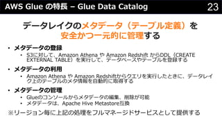 23AWS Glue の特⻑ – Glue Data Catalog
データレイクのメタデータ（テーブル定義）を
安全かつ⼀元的に管理する
• メタデータの登録
• S3に対して、Amazon Athena や Amazon Redshift からDDL（CREATE
EXTERNAL TABLE）を実⾏して、データベースやテーブルを登録する
• メタデータの利⽤
• Amazon Athena や Amazon Redshiftからクエリを実⾏したときに、データレイ
ク上のテーブルのメタ情報を⾃動的に取得する
• メタデータの管理
• Glueのコンソールからメタデータの編集、削除が可能
• メタデータは、Apache Hive Metastore互換
※リージョン毎に上記の処理をフルマネージドサービスとして提供する
 