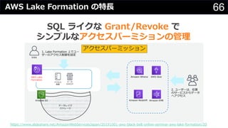 66AWS Lake Formation の特⻑
SQL ライクな Grant/Revoke で
シンプルなアクセスパーミションの管理
https://www.slideshare.net/AmazonWebServicesJapan/20191001-aws-black-belt-online-seminar-aws-lake-formation/20
 