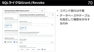 70SQLライクなGrant/Revoke
• コマンド実⾏は不要
• データベースやテーブル
を指定して権限を付与す
るのみ
 