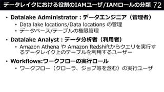 72データレイクにおける役割のIAMユーザ/IAMロールの分類
• Datalake Administrator︓データエンジニア（管理者）
• Data lake locations/Data locations の管理
• データベース/テーブルの権限管理
• Datalake Analyst︓データ分析者（利⽤者）
• Amazon Athena や Amazon Redshiftからクエリを実⾏す
るデータレイク上のテーブルを利⽤するユーザー
• Workflows:ワークフローの実⾏ロール
• ワークフロー（クローラ、ジョブ等を含む）の実⾏ユーザ
 