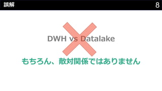 8
DWH vs Datalake
もちろん、敵対関係ではありません
誤解
 