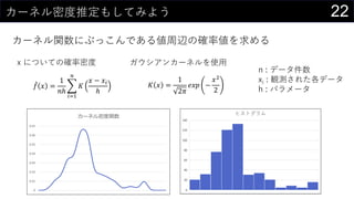22カーネル密度推定もしてみよう
カーネル関数にぶっこんである値周辺の確率値を求める
𝑓 𝑥 =
1
𝑛ℎ
𝑖=1
𝑛
𝐾
𝑥 − 𝑥𝑖
ℎ
𝐾 𝑥 =
1
2𝜋
𝑒𝑥𝑝 −
𝑥2
2
x についての確率密度 ガウシアンカーネルを使用
n : データ件数
xi : 観測された各データ
h : パラメータ
0
0.01
0.02
0.03
0.04
0.05
0.06
0.07
カーネル密度関数
 