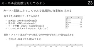 23カーネル密度推定もしてみよう
カーネル関数にぶっこんである値周辺の確率値を求める
取りうるxの範囲をデータから決める
• 最大値 : MAX(boston[medv])
• 最小値 : MIN(boston[medv])
• データ件数 : COUNT(boston[medv])
• ついでにパラメータhもセルに入れておく
編集 > フィル > 連続データの作成 でmin/maxを参照にxの値を生成する
• 今回は0～60までを0.1刻みで生成
 