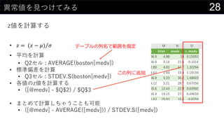 28異常値を見つけてみる
z値を計算する
• 𝑧 = (𝑥 − 𝜇) 𝜎
• 平均を計算
• Q2セル : AVERAGE(boston[medv])
• 標準偏差を計算
• Q3セル : STDEV.S(boston[medv])
• 各値のz値を計算する
• ([@medv] - $Q$2) / $Q$3
• まとめて計算しちゃうことも可能
• ([@medv] - AVERAGE([medv])) / STDEV.S([medv])
テーブルの列名で範囲を指定
この列に追加
 