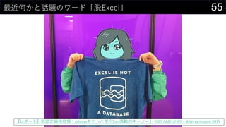 55最近何かと話題のワード「脱Excel」
【レポート】新認定資格登場！Alteryxをもっと学ぶTips満載のキーノート: GET AMPLIFIED – Alteryx Inspire 2019
 