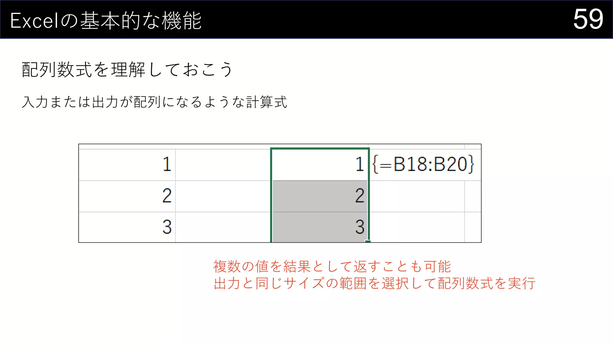 59Excelの基本的な機能
配列数式を理解しておこう
入力または出力が配列になるような計算式
複数の値を結果として返すことも可能
出力と同じサイズの範囲を選択して配列数式を実行
 