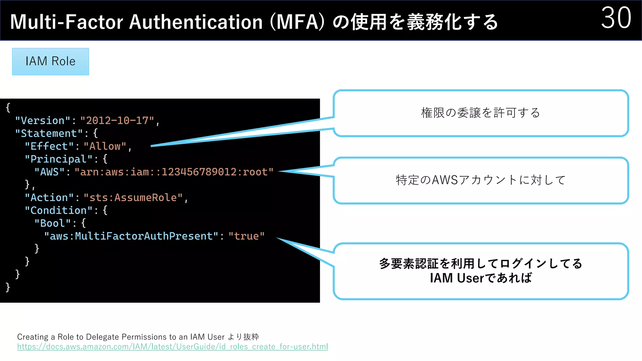 30Multi-Factor Authentication (MFA) の使用を義務化する
{
"Version": "2012-10-17",
"Statement": {
"Effect": "Allow",
"Principal": {
"AWS": "arn:aws:iam::123456789012:root"
},
"Action": "sts:AssumeRole",
"Condition": {
"Bool": {
"aws:MultiFactorAuthPresent": "true"
}
}
}
}
多要素認証を利用してログインしてる
IAM Userであれば
特定のAWSアカウントに対して
権限の委譲を許可する
Creating a Role to Delegate Permissions to an IAM User より抜粋
https://docs.aws.amazon.com/IAM/latest/UserGuide/id_roles_create_for-user.html
IAM Role
 