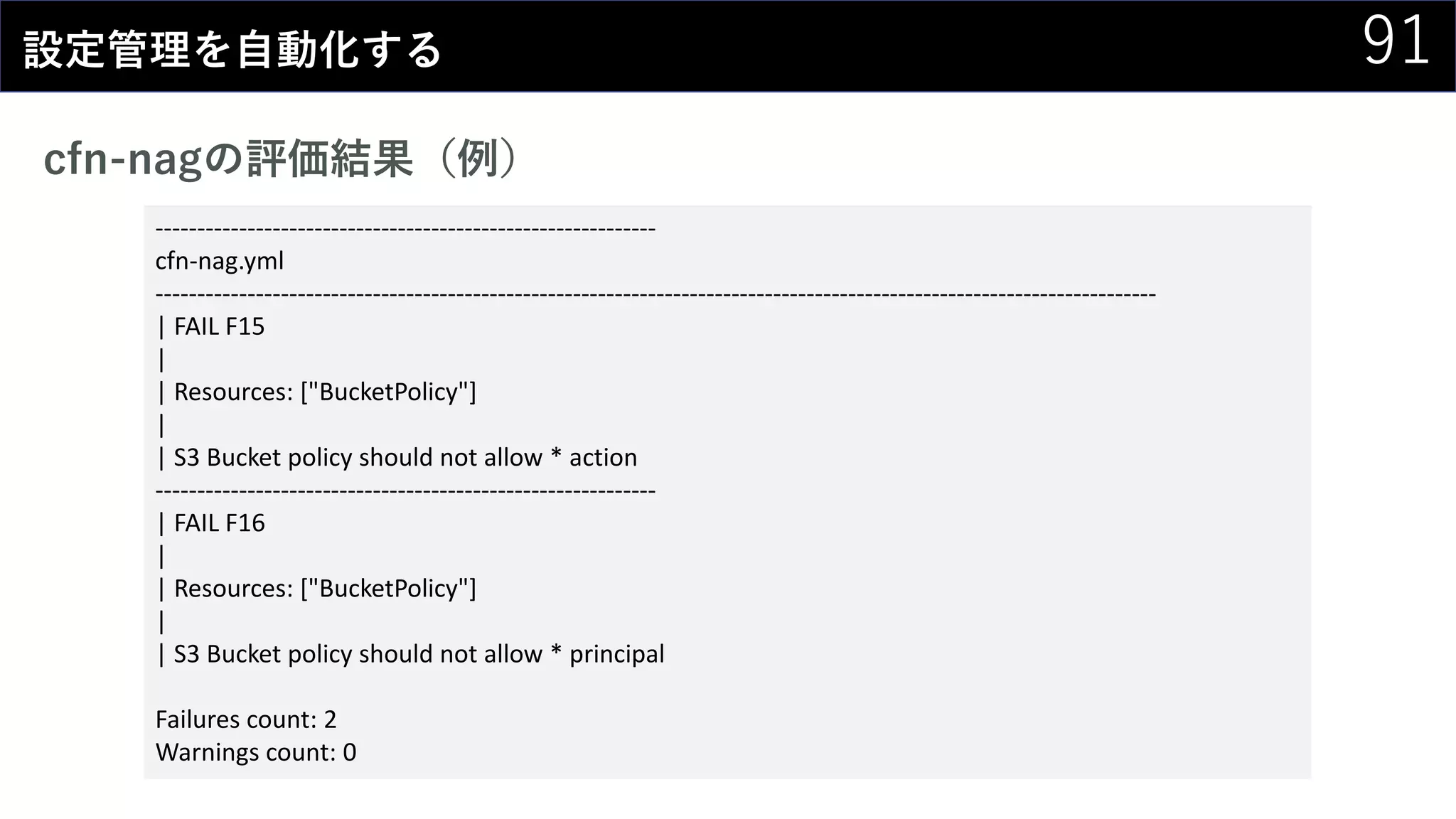 91設定管理を自動化する
cfn-nagの評価結果（例）
------------------------------------------------------------
cfn-nag.yml
------------------------------------------------------------------------------------------------------------------------
| FAIL F15
|
| Resources: ["BucketPolicy"]
|
| S3 Bucket policy should not allow * action
------------------------------------------------------------
| FAIL F16
|
| Resources: ["BucketPolicy"]
|
| S3 Bucket policy should not allow * principal
Failures count: 2
Warnings count: 0
 