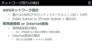 8ͥåȥ`ܤΗӑ
AWSͥåȥ`OӋ
? С1AWS / 1` / 1AZ / 1VPC
? Public Subnet or (Private Subnet + ̨̤)
þӾA or InternetU
? þӾAΈ
? DX, VPNOʤgδ_
? InternetUɤΈ
? SSL/TLS^ + ɥᥤȡ
 