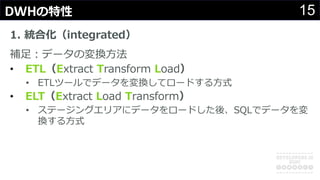 15DWHの特性
1. 統合化（integrated）
補⾜︓データの変換⽅法
• ETL（Extract Transform Load）
• ETLツールでデータを変換してロードする⽅式
• ELT（Extract Load Transform）
• ステージングエリアにデータをロードした後、SQLでデータを変
換する⽅式
 