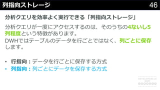 46列指向ストレージ
分析クエリを効率よく実⾏できる「列指向ストレージ」
分析クエリが⼀度にアクセスするのは、そのうちの4ないし5
列程度という特徴があります。
DWHではテーブルのデータを⾏ごとではなく、列ごとに保存
します。
• ⾏指向︓データを⾏ごとに保存する⽅式
• 列指向︓列ごとにデータを保存する⽅式
 