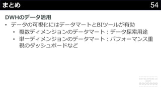 54まとめ
DWHのデータ活⽤
• データの可視化にはデータマートとBIツールが有効
• 複数ディメンジョンのデータマート︓データ探索⽤途
• 単⼀ディメンジョンのデータマート︓パフォーマンス重
視のダッシュボードなど
 