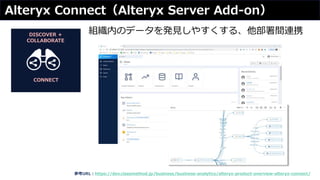 DISCOVER +
COLLABORATE
CONNECT
参考URL：https://dev.classmethod.jp/business/business-analytics/alteryx-product-overview-alteryx-connect/
組織内のデータを発見しやすくする、他部署間連携
Alteryx Connect（Alteryx Server Add-on）
 