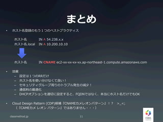 ޤȤ
?? ۥhΤ⤦ĤΥ٥ȥץ饯ƥ
ۥ IN ?A ?54.238.x.x
ۥ.local IN ?A ?10.200.10.10
ۥ IN ?CNAME ?ec2-\??xx-\??xx-\??xx-\??xx.ap-\??northeast-\??1.compute.amazonaws.com
?? 
C? OϣĤRR
C? ۥʹ֤ʤ
C? ƥ`ܤΥȥ֥k?Μp٣
C? ͨϤm
C? DHCPץmФOȡFQDNǤϤʤ˥ۥǤOK
?? Cloud ?Design ?Pattern ?(CDP)aCNAME쥪ѥ`󡻣?>_?<;
CAME ?쥪 ?ѥ`󡻤ǤϤޤ???
classmethod.jp 11
 
